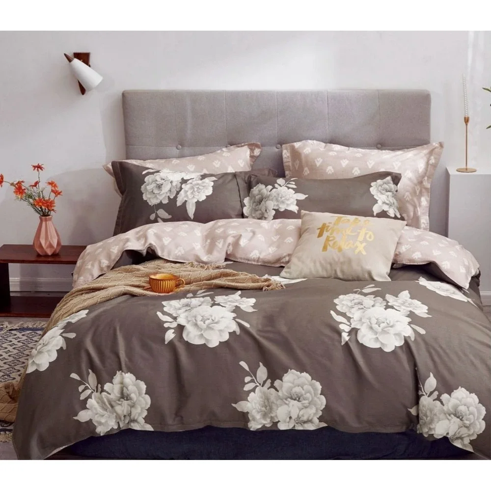 Marrisa Brown Floral 100% Cotton‎ Comforter Set Queen Reversible Quiet Luxury